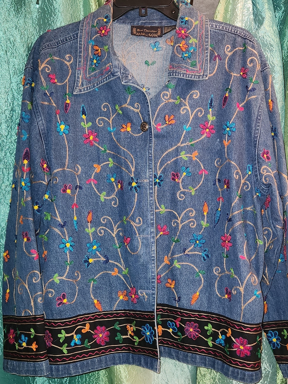new directions Blue Embroidered Floral Denim Jacket